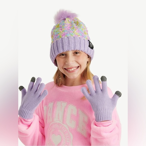 Justice Lavender Pastel Rainbow Sequin Beanie Faux Fur Pop-Pom & Gloves Set - Picture 2 of 10